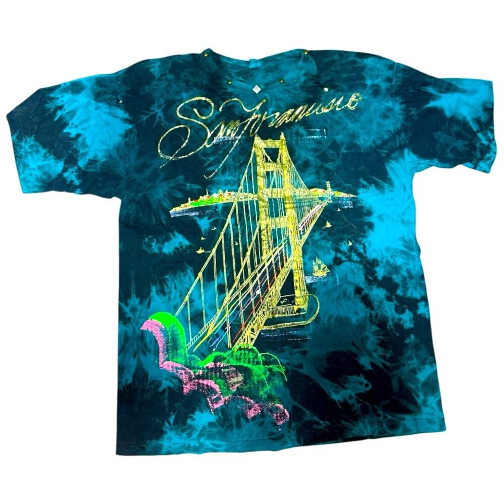 Vtg 80s San Francisco Tie Dye Metallic Painted Maximalist T Shirt XL Golden Gate